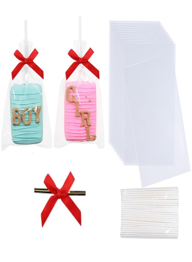 SLShePack 100PCS 3.5x6 Inch Clear Ice Cream Bags - Cakesicle & Cookie Bags With Ribbon, Stick & Gold Twist Tie for Gift Giving - Image 1